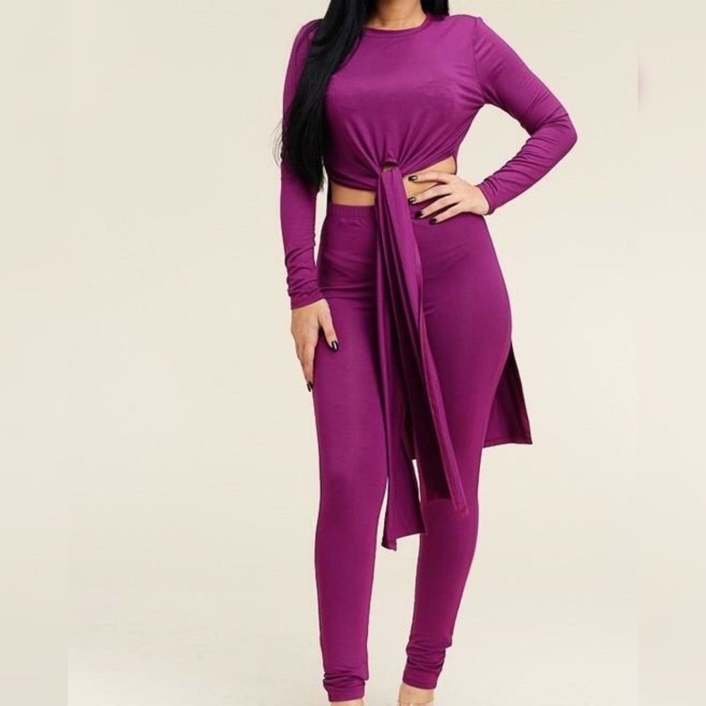 Solid long sleeve tie front long top & leggings